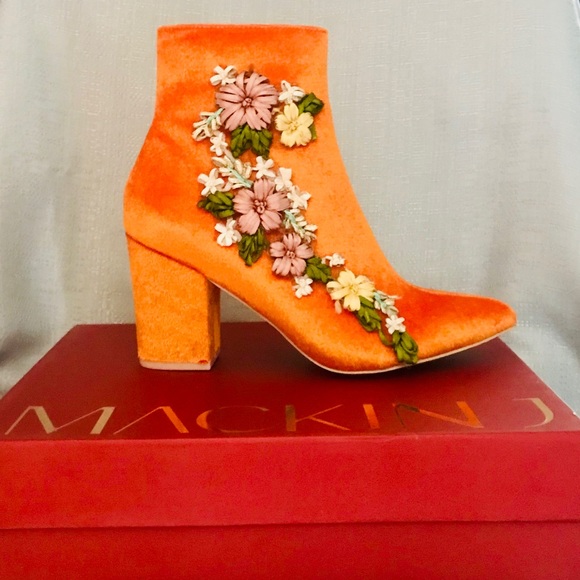 Mackin J Shoes - Orange Velvet Silky Ribbon Flowers Booties NIB